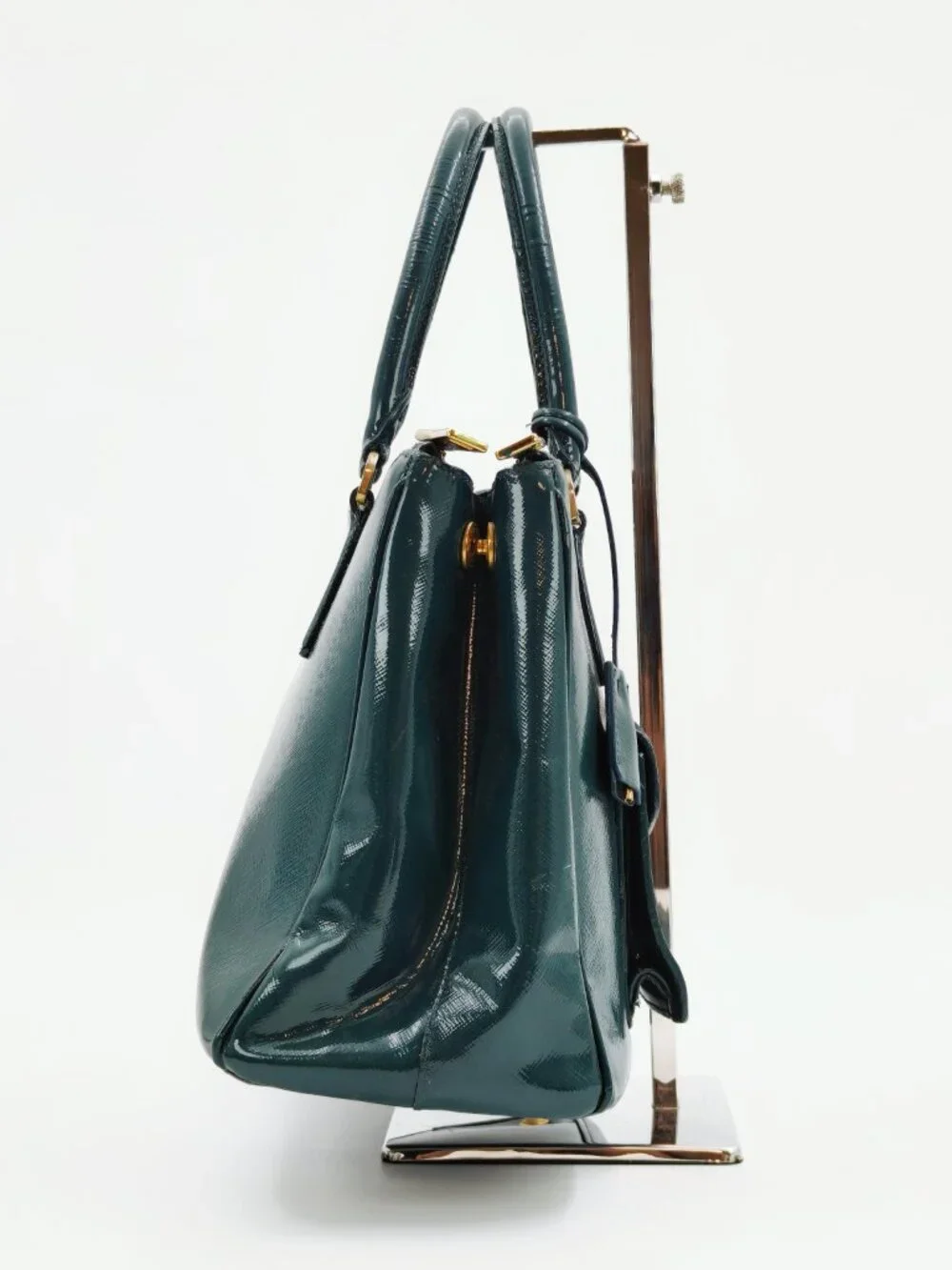 PRADA Vintage Green Saffiano Patent Leather Top Handle Handbag Gold Hardware